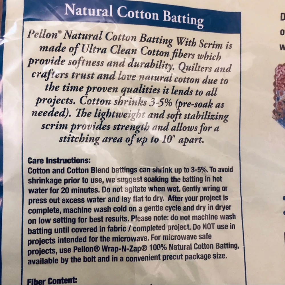 Pellon Nature’s Touch 100% Cotton Batting Crib Size Quilting 45” x 60”